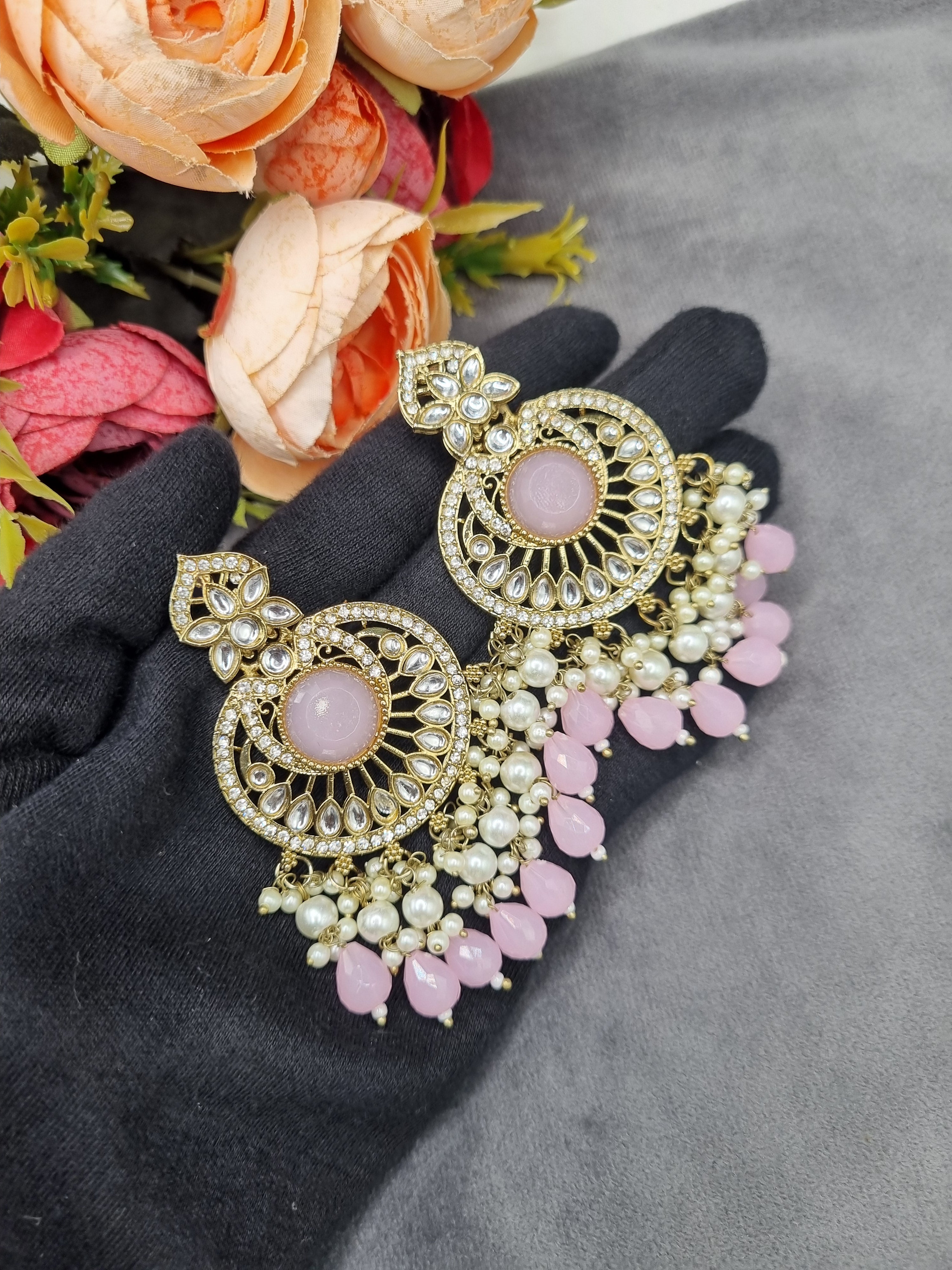 INTRICATE CHANDBALI DROP EARRINGS WITH BEAD CLUSTERS